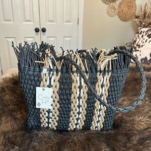 Black and Tan Woven Straw Tote Bag